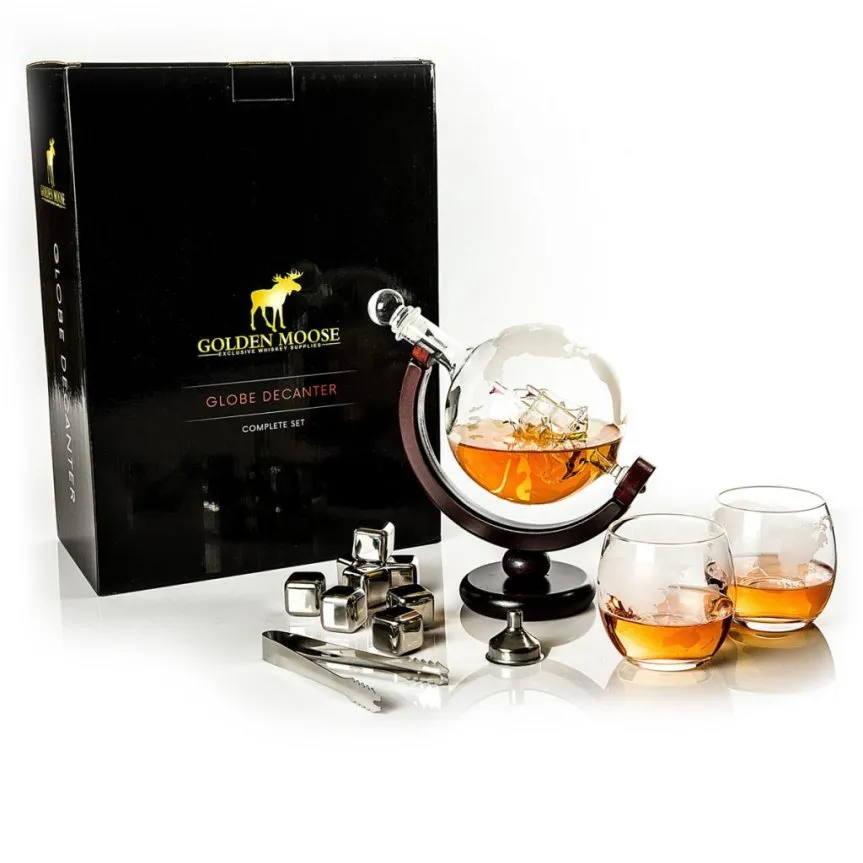 Whiskeykaraff Globe 85 cl med 2 glas och 8 whiskeystenar