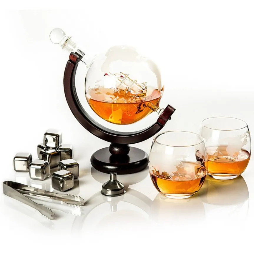 Whiskeykaraff Globe 85 cl med 2 glas och 8 whiskeystenar