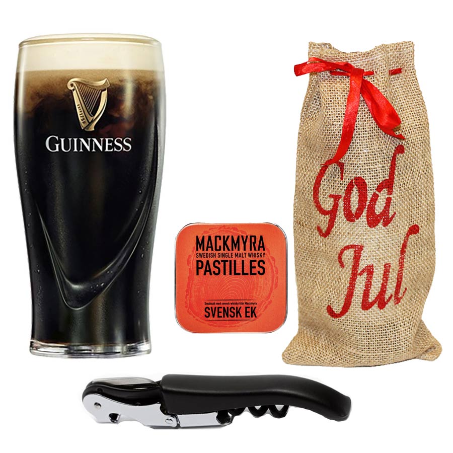 Julpresentpack med öppnare, pastiller och Guinness ölglas Relief